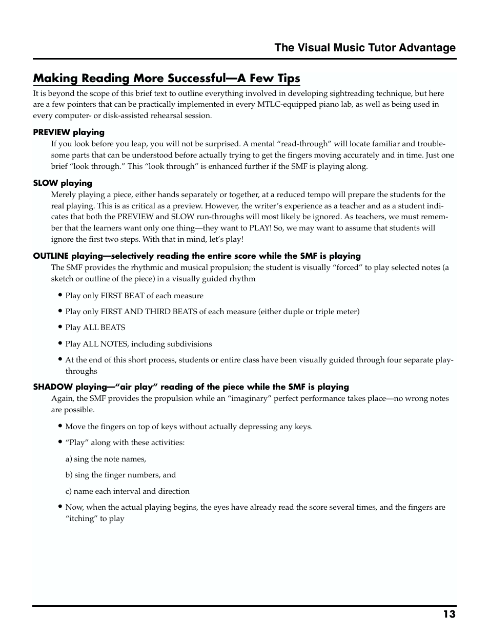 The visual music tutor advantage, Making reading more successful—a few tips | Roland MTLC-16 User Manual | Page 14 / 48