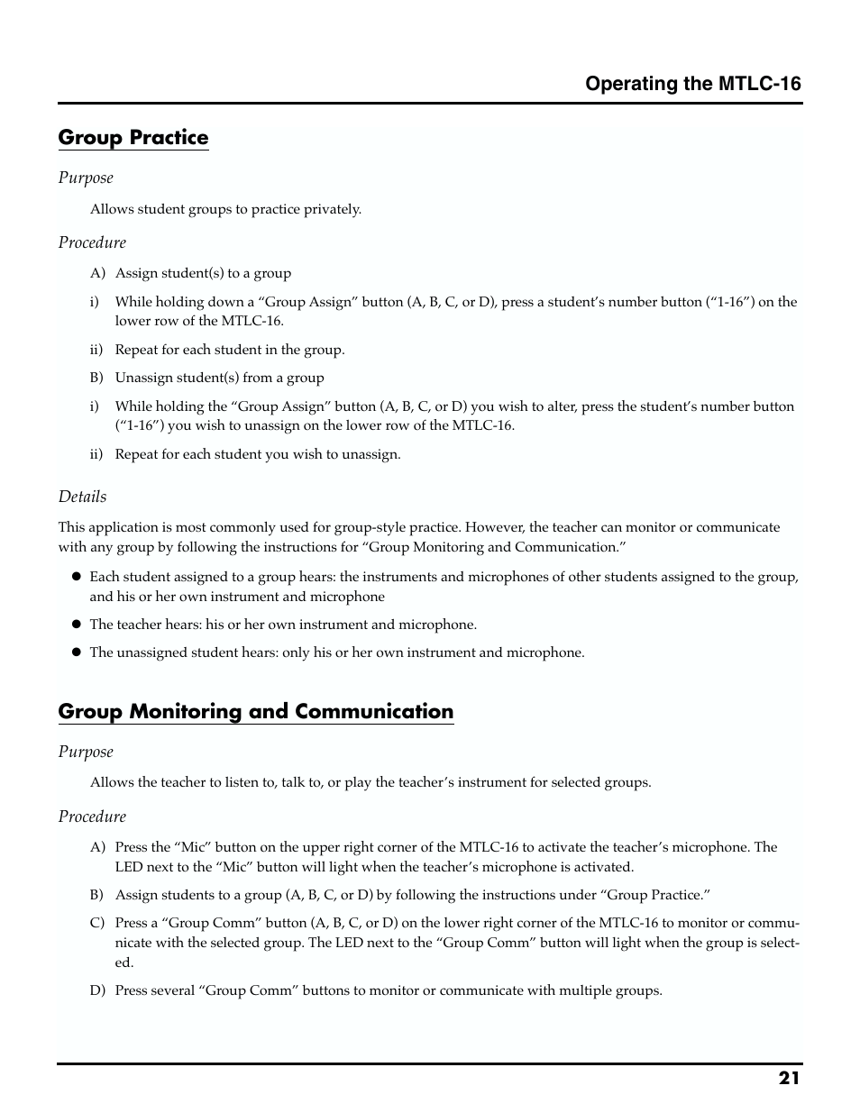 Operating the mtlc-16, Group practice, Group monitoring and communication | Roland MTLC-16 User Manual | Page 22 / 48