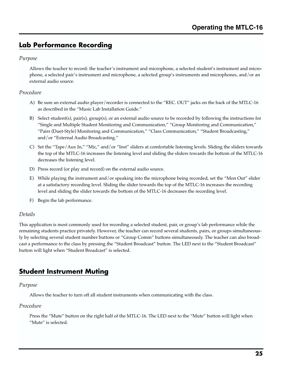 Operating the mtlc-16, Lab performance recording, Student instrument muting | Roland MTLC-16 User Manual | Page 26 / 48