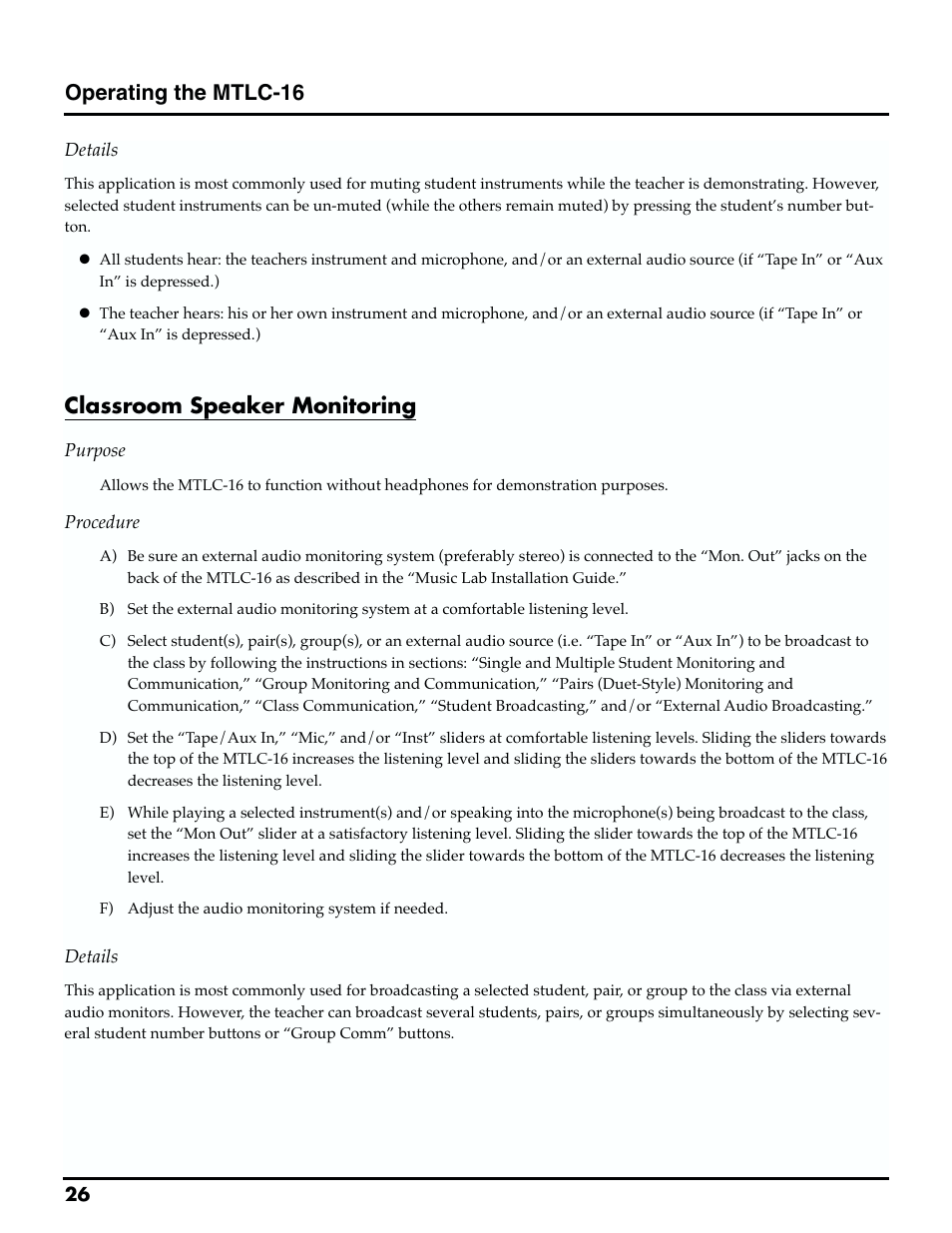 Operating the mtlc-16, Classroom speaker monitoring | Roland MTLC-16 User Manual | Page 27 / 48