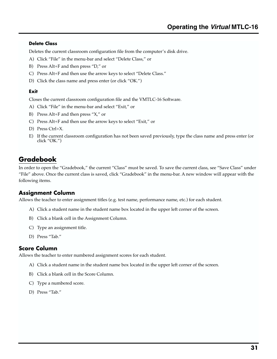 Operating the virtual mtlc-16, Gradebook | Roland MTLC-16 User Manual | Page 32 / 48