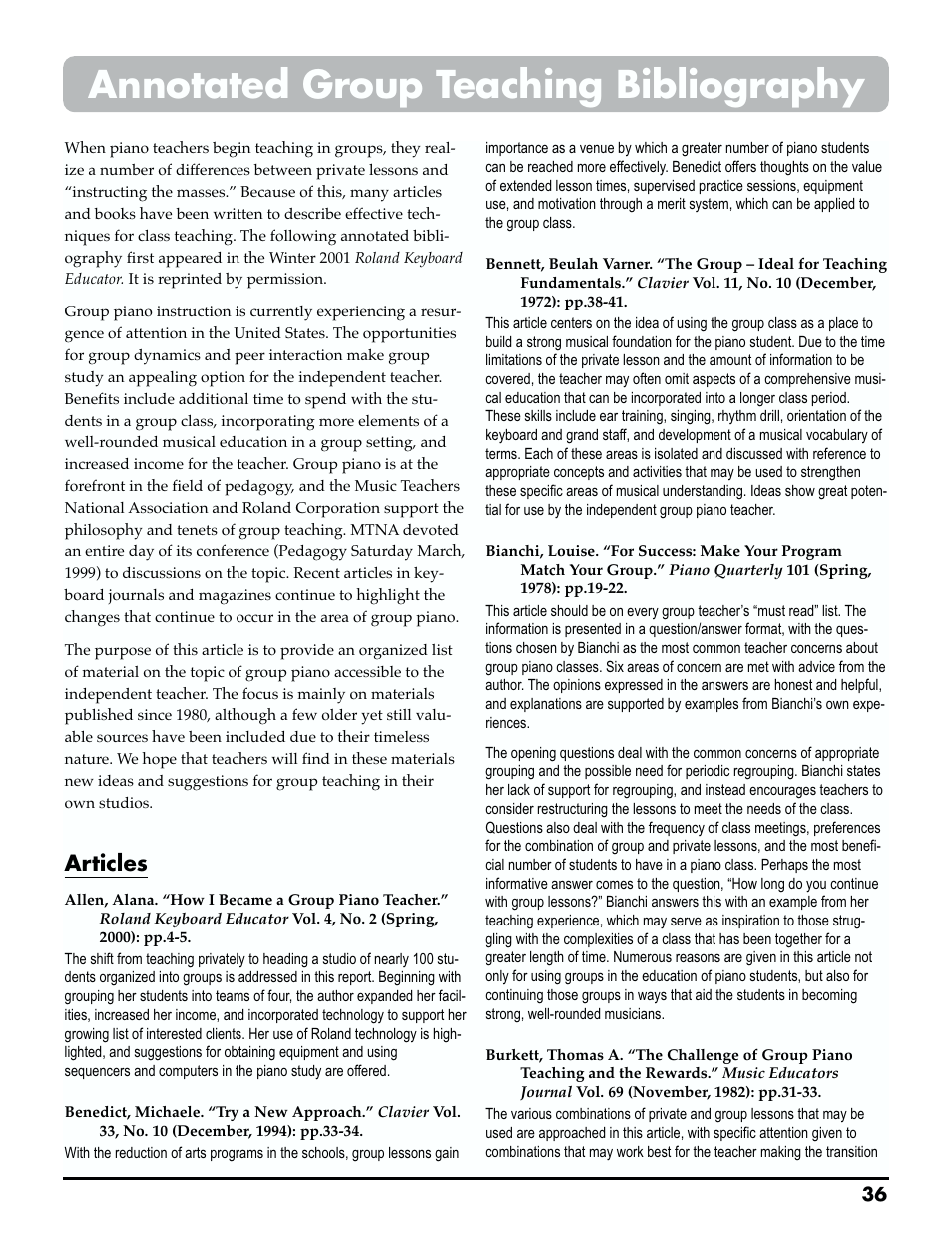 Annotated group teaching bibliography, Articles | Roland MTLC-16 User Manual | Page 37 / 48