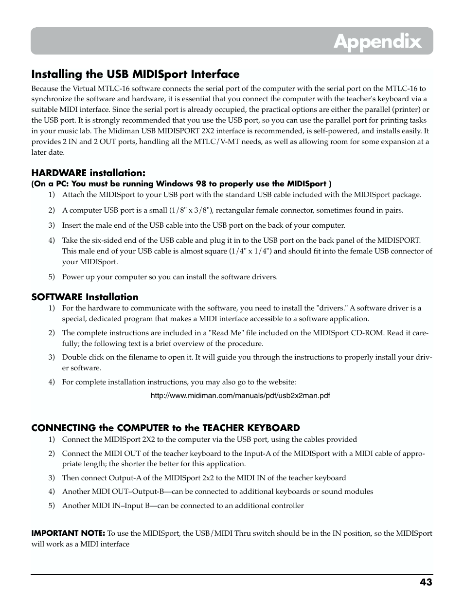Appendix, Installing the usb midisport interface | Roland MTLC-16 User Manual | Page 44 / 48