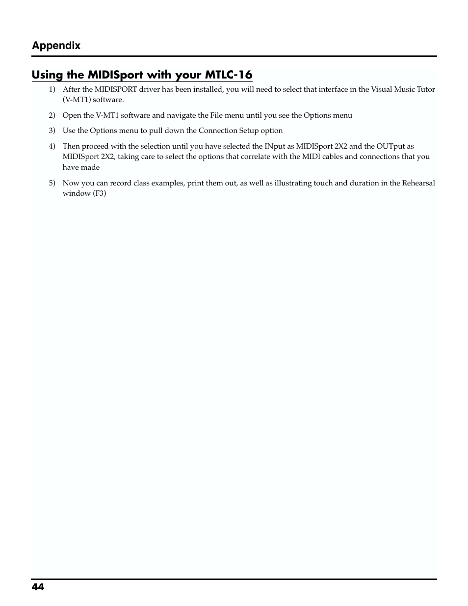 Appendix, Using the midisport with your mtlc-16 | Roland MTLC-16 User Manual | Page 45 / 48