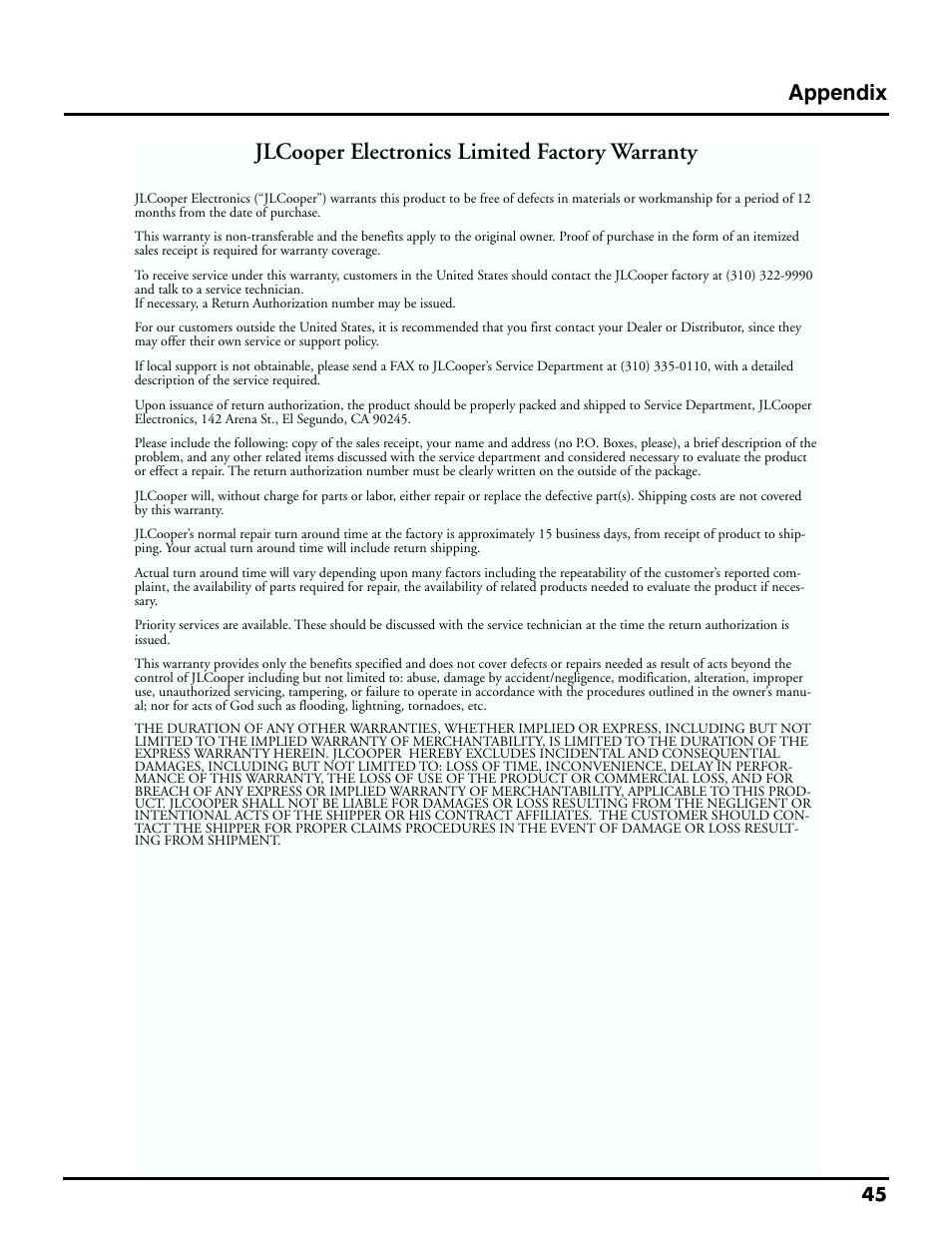 Jlcooper electronics limited factory warranty, Appendix | Roland MTLC-16 User Manual | Page 46 / 48