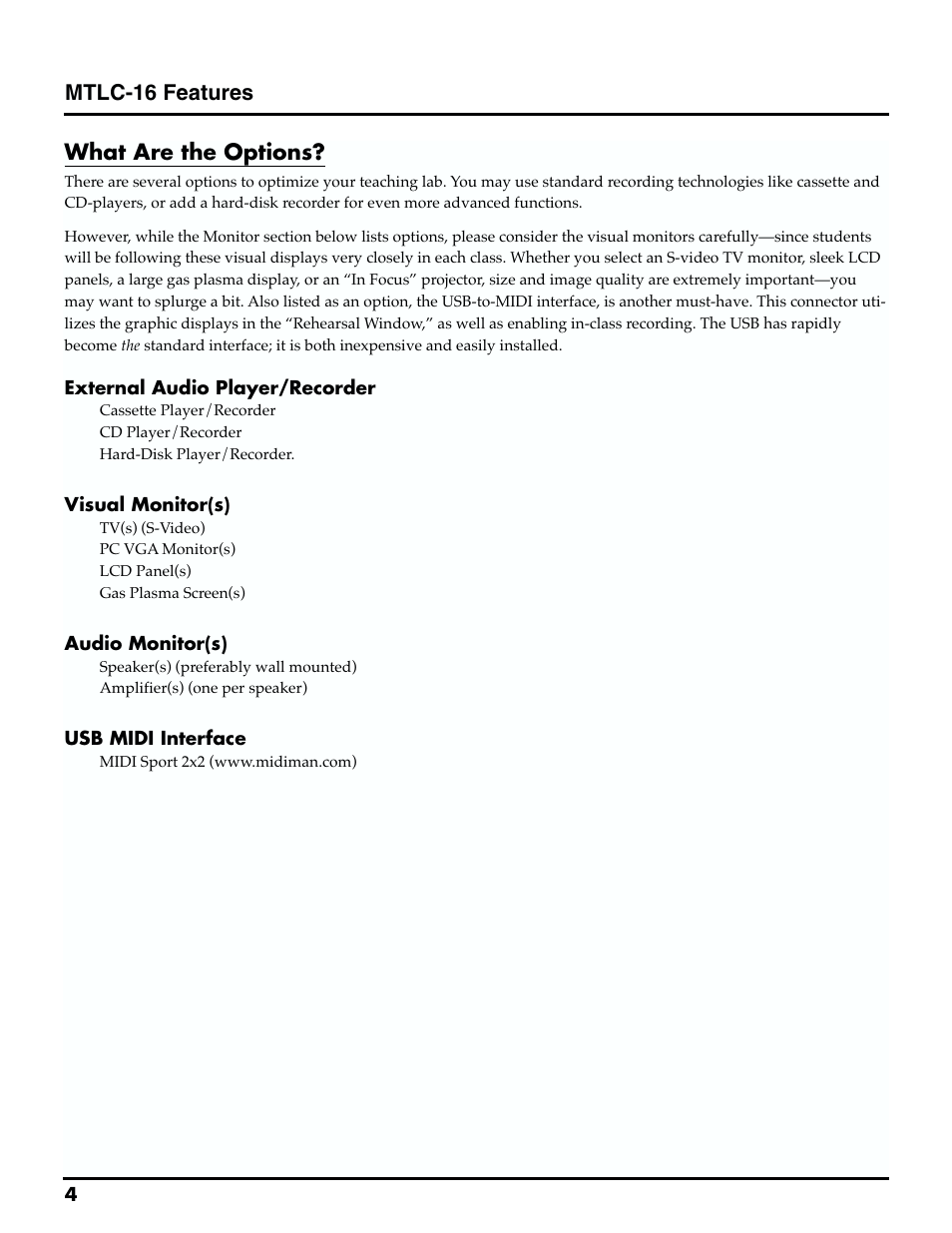 Mtlc-16 features, What are the options | Roland MTLC-16 User Manual | Page 5 / 48