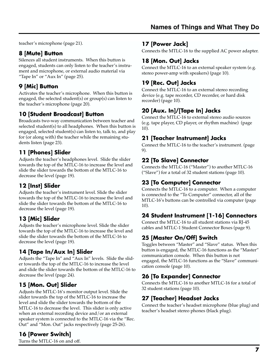 Names of things and what they do | Roland MTLC-16 User Manual | Page 8 / 48