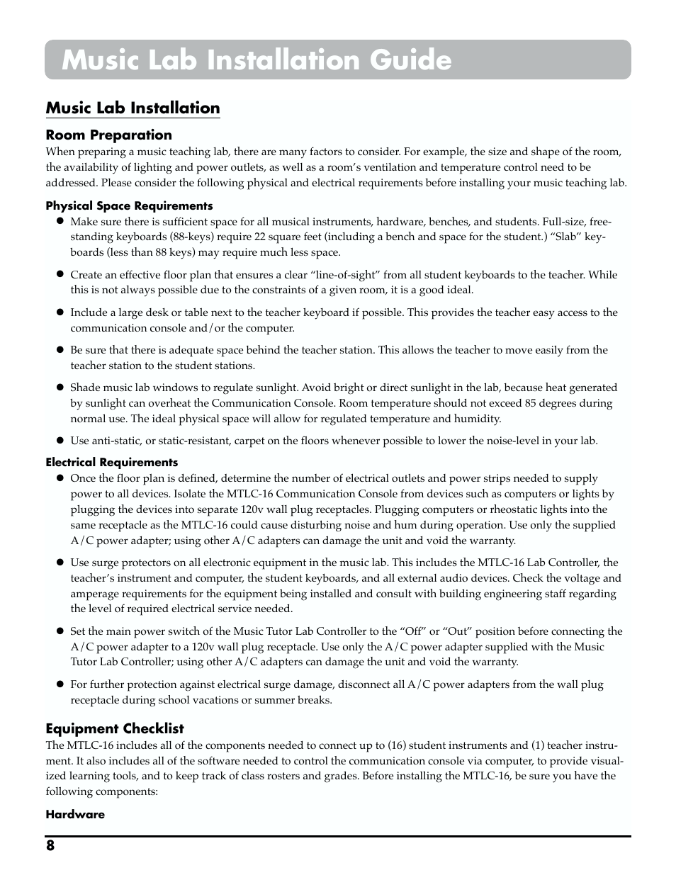 Music lab installation guide | Roland MTLC-16 User Manual | Page 9 / 48
