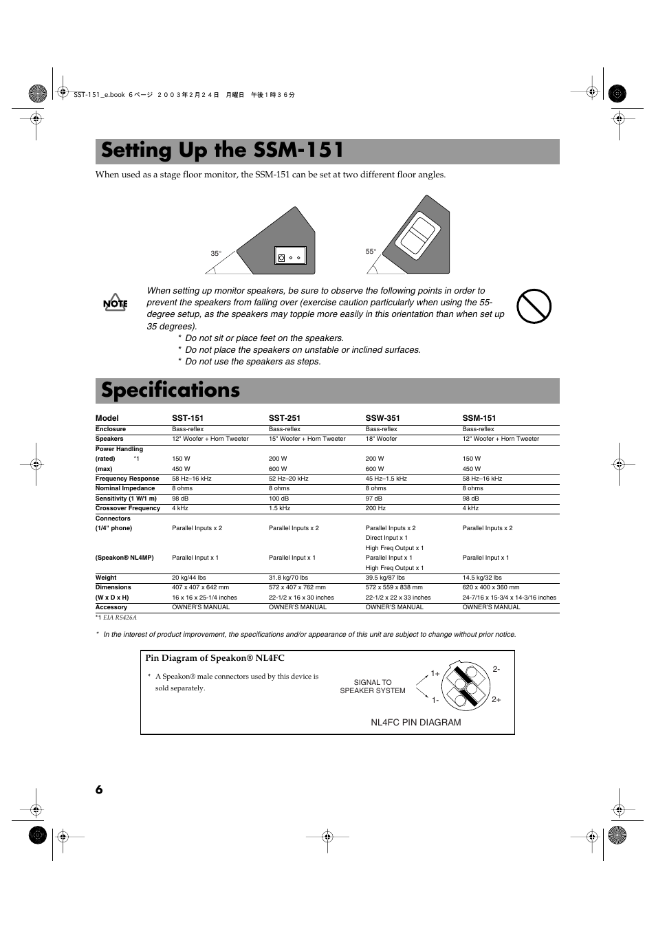 Setting up the ssm-151, Specifications | Roland SSM-151 User Manual | Page 6 / 8