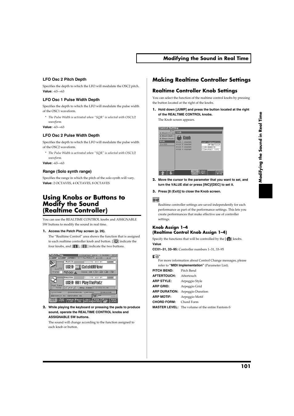 Making realtime controller settings, 101 modifying the sound in real time, Realtime controller knob settings | Roland Fantom-S88 User Manual | Page 101 / 228