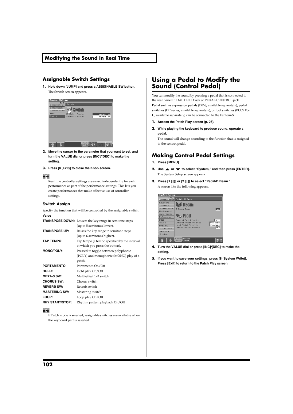 Using a pedal to modify the sound (control pedal), Making control pedal settings | Roland Fantom-S88 User Manual | Page 102 / 228