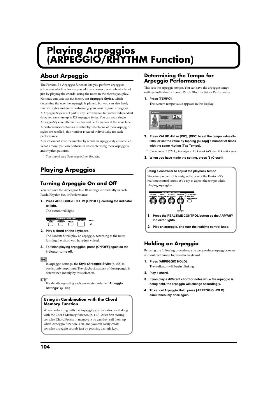 Playing arpeggios (arpeggio/rhythm function), About arpeggio, Playing arpeggios | Turning arpeggio on and off, Determining the tempo for arpeggio performances, Holding an arpeggio, About arpeggio playing arpeggios, P. 104, p. 110, p. 112) | Roland Fantom-S88 User Manual | Page 104 / 228