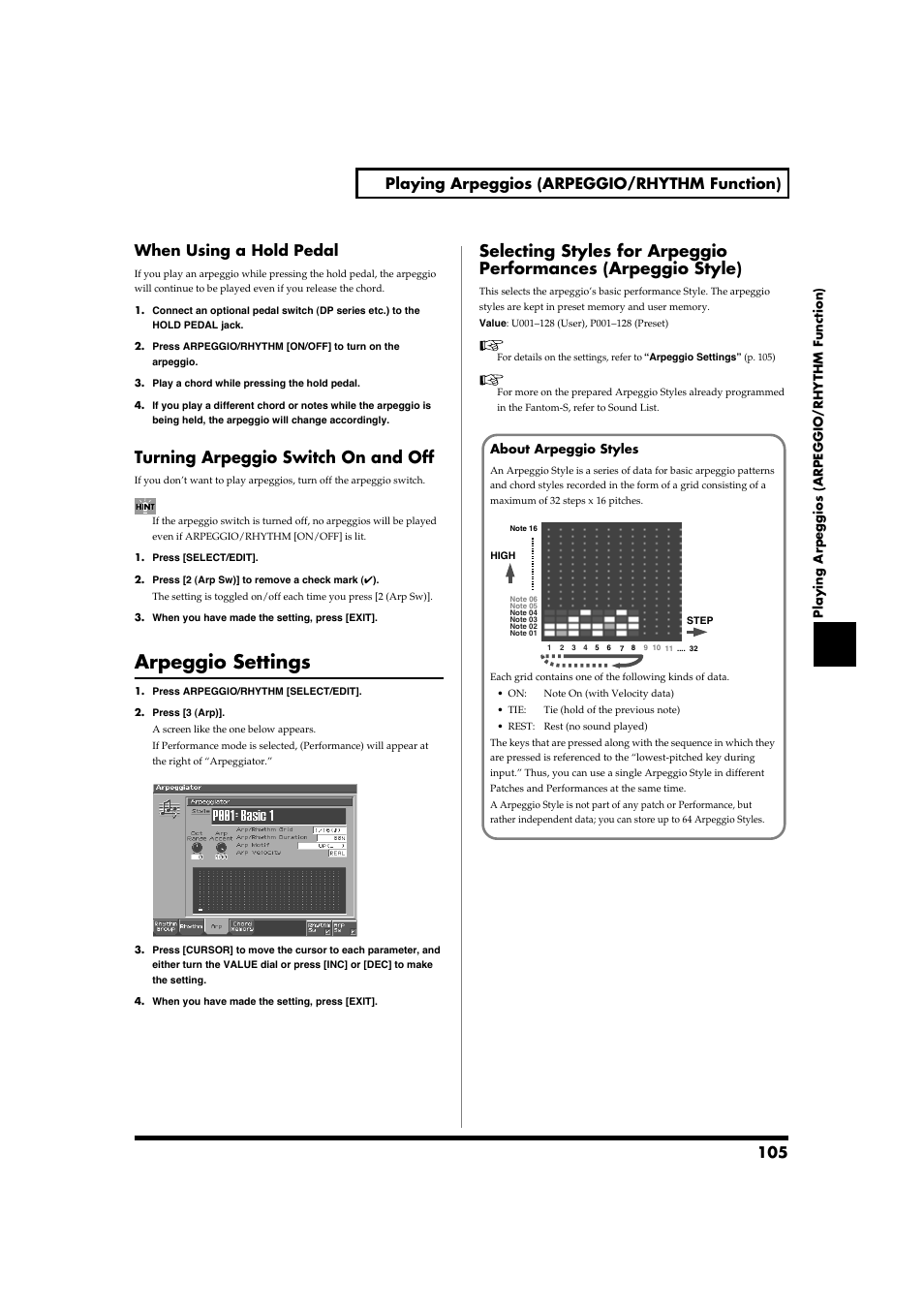 Turning arpeggio switch on and off, Arpeggio settings, 105 playing arpeggios (arpeggio/rhythm function) | When using a hold pedal | Roland Fantom-S88 User Manual | Page 105 / 228