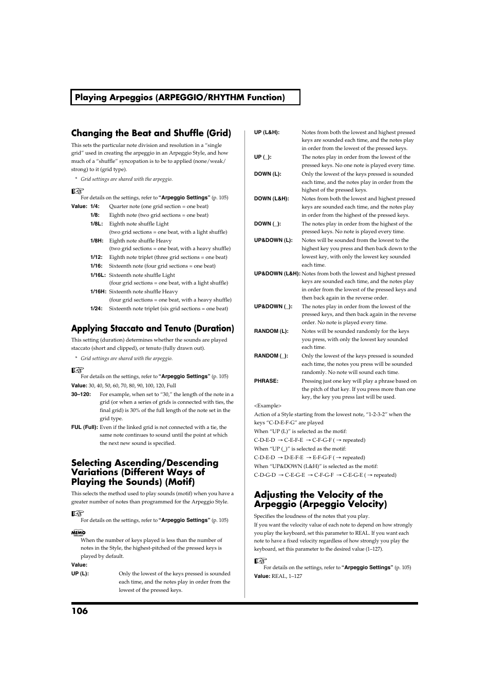 Changing the beat and shuffle (grid), Applying staccato and tenuto (duration), 106 playing arpeggios (arpeggio/rhythm function) | Roland Fantom-S88 User Manual | Page 106 / 228