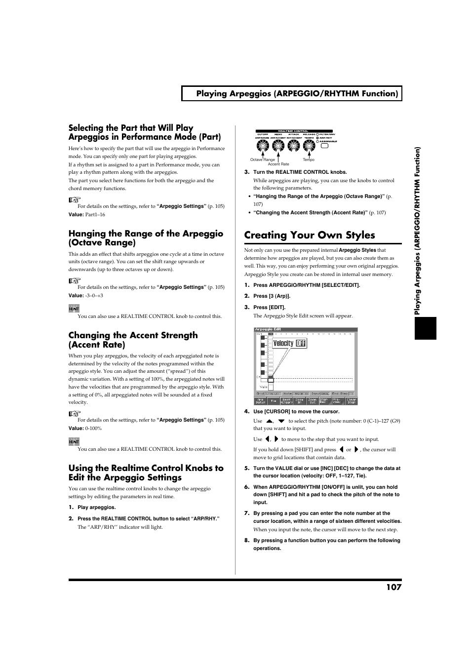 Hanging the range of the arpeggio (octave range), Changing the accent strength (accent rate), Creating your own styles | 107 playing arpeggios (arpeggio/rhythm function) | Roland Fantom-S88 User Manual | Page 107 / 228