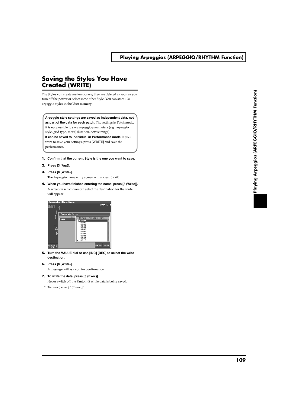 Saving the styles you have created (write), 109 playing arpeggios (arpeggio/rhythm function) | Roland Fantom-S88 User Manual | Page 109 / 228