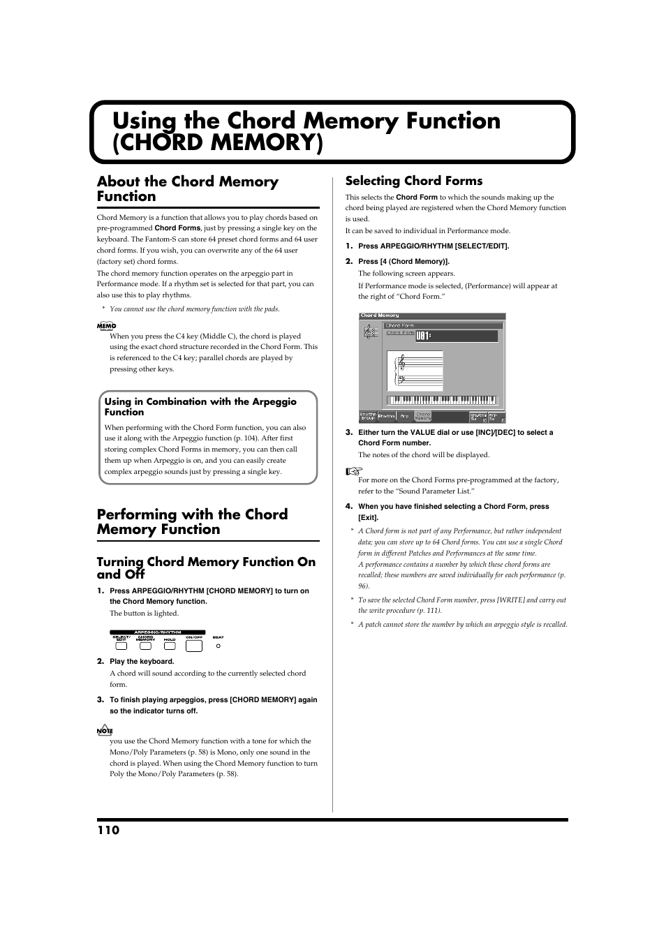 Using the chord memory function (chord memory), About the chord memory function, Performing with the chord memory function | Turning chord memory function on and off, Selecting chord forms | Roland Fantom-S88 User Manual | Page 110 / 228