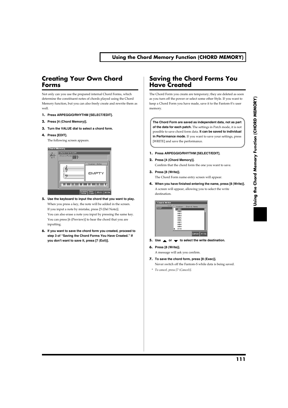 Creating your own chord forms, Saving the chord forms you have created, The write procedure (p. 111) | Roland Fantom-S88 User Manual | Page 111 / 228