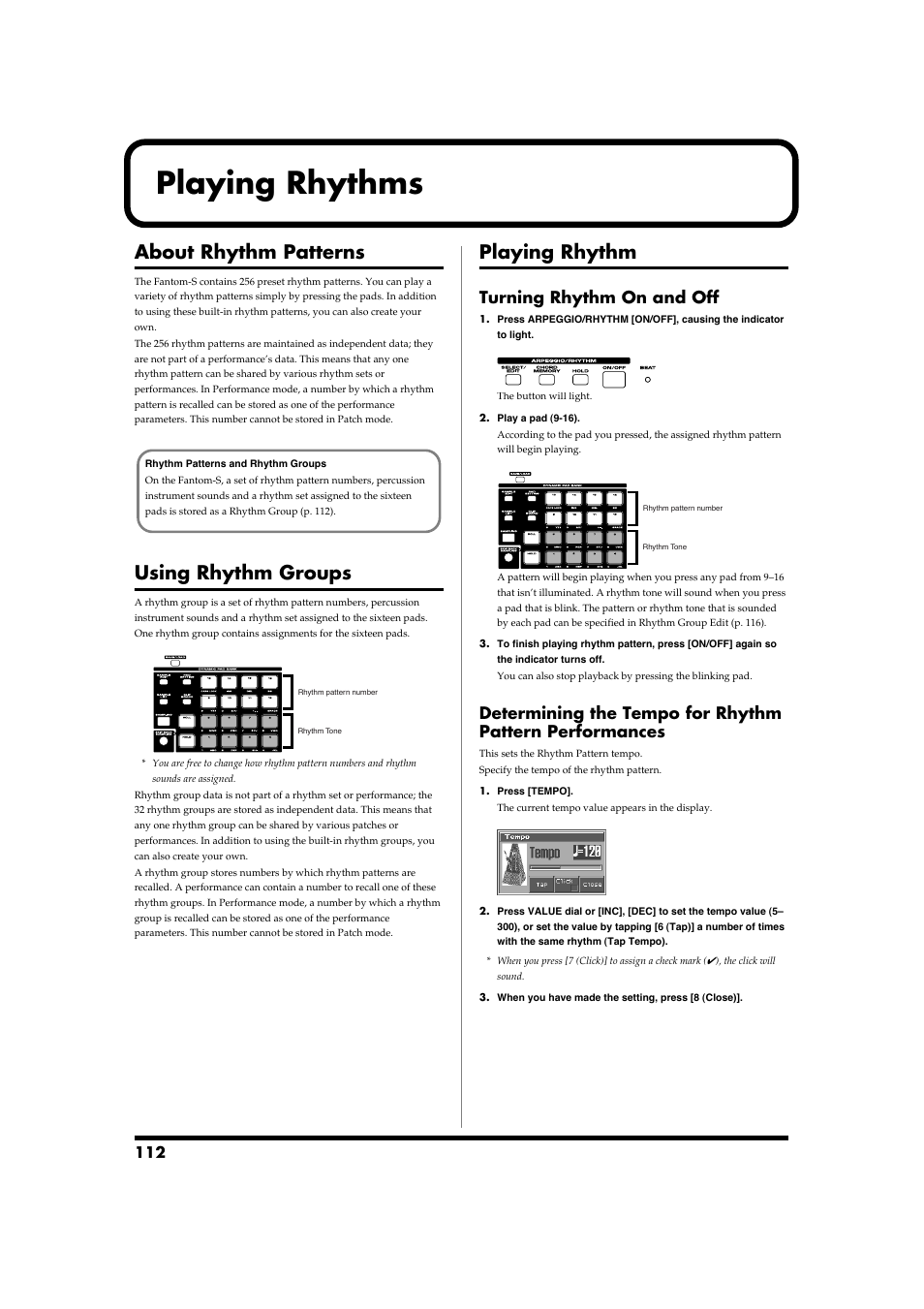 Playing rhythms, About rhythm patterns, Using rhythm groups | Playing rhythm, Turning rhythm on and off | Roland Fantom-S88 User Manual | Page 112 / 228