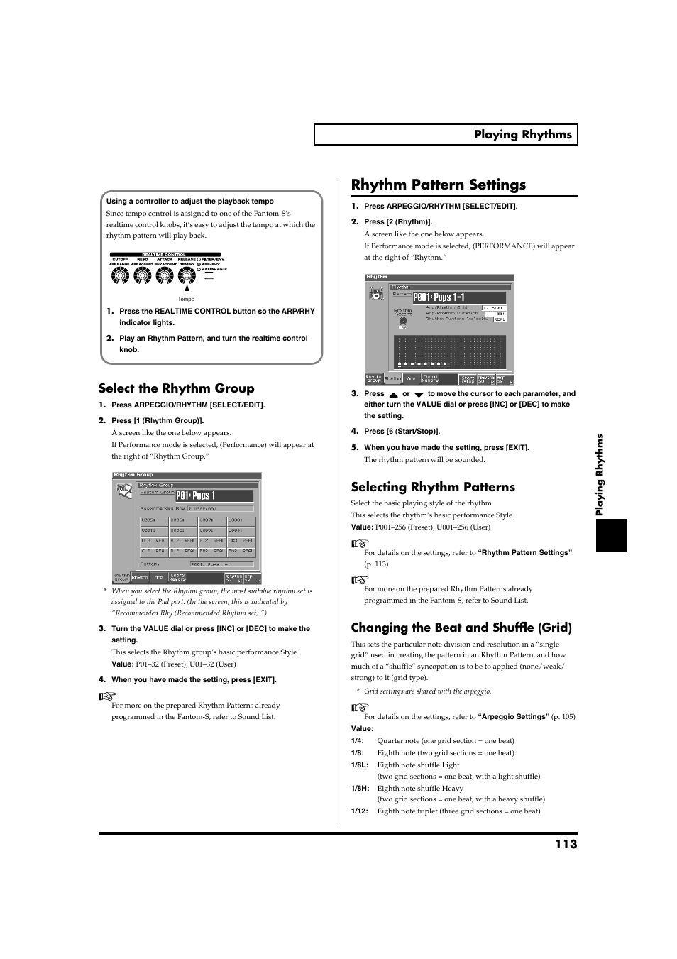 Select the rhythm group, Rhythm pattern settings, Selecting rhythm patterns | Changing the beat and shuffle (grid), 113 playing rhythms | Roland Fantom-S88 User Manual | Page 113 / 228