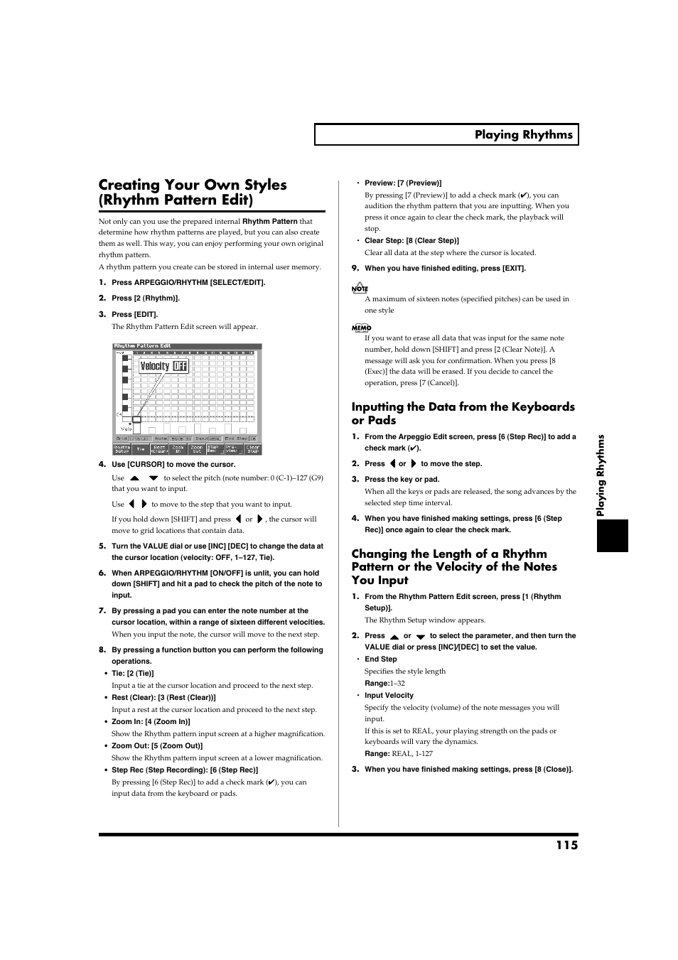 Creating your own styles (rhythm pattern edit), 115 playing rhythms, Inputting the data from the keyboards or pads | Roland Fantom-S88 User Manual | Page 115 / 228