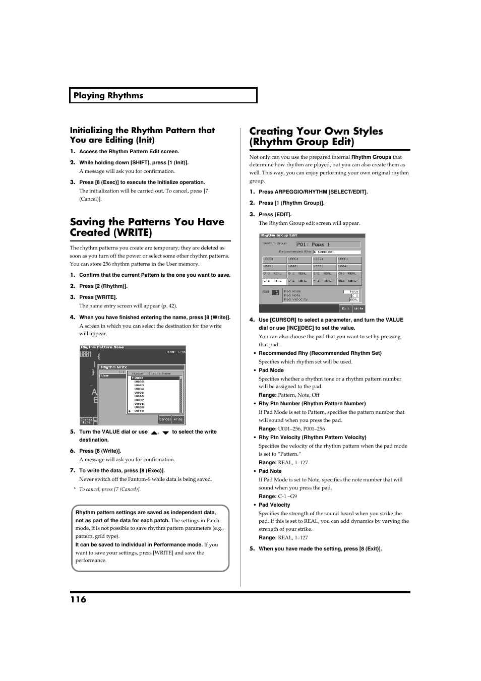 Saving the patterns you have created (write), Creating your own styles (rhythm group edit) | Roland Fantom-S88 User Manual | Page 116 / 228