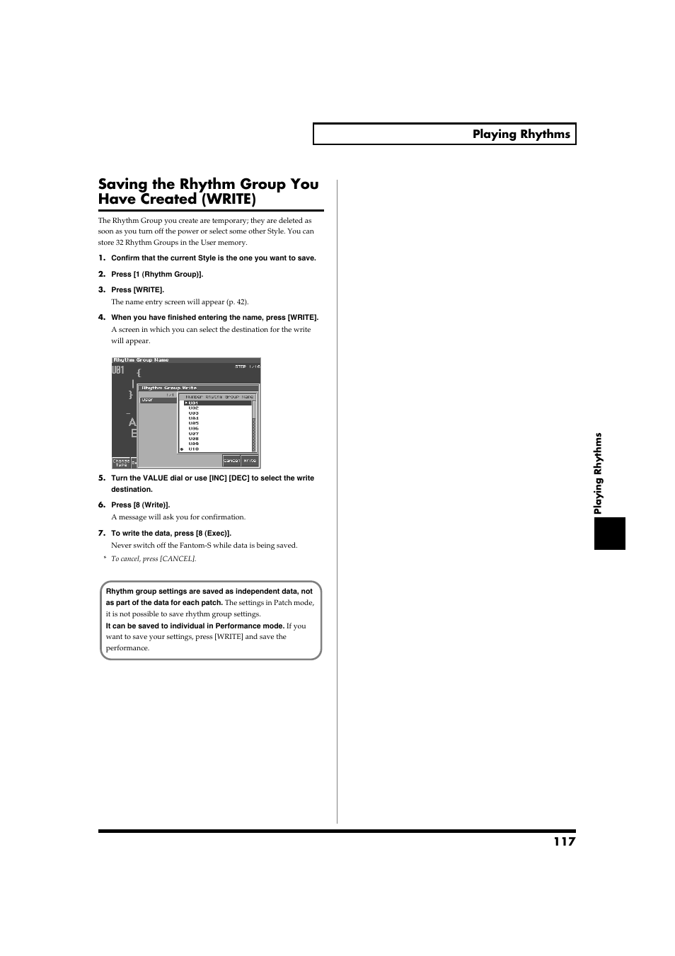 Saving the rhythm group you have created (write), 117 playing rhythms | Roland Fantom-S88 User Manual | Page 117 / 228