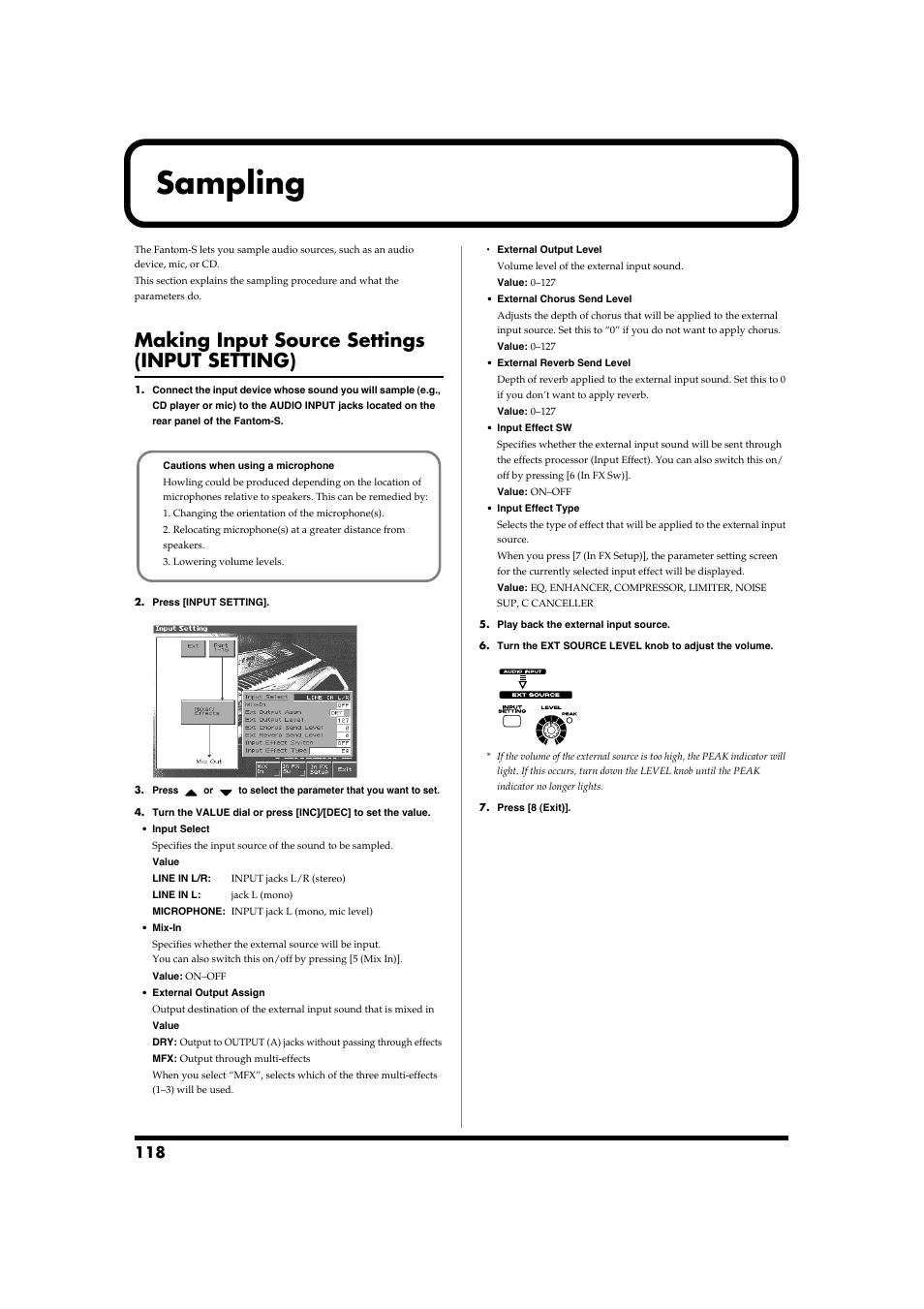 Sampling, Making input source settings (input setting), P. 118) | Select (p. 118) to “microphone | Roland Fantom-S88 User Manual | Page 118 / 228