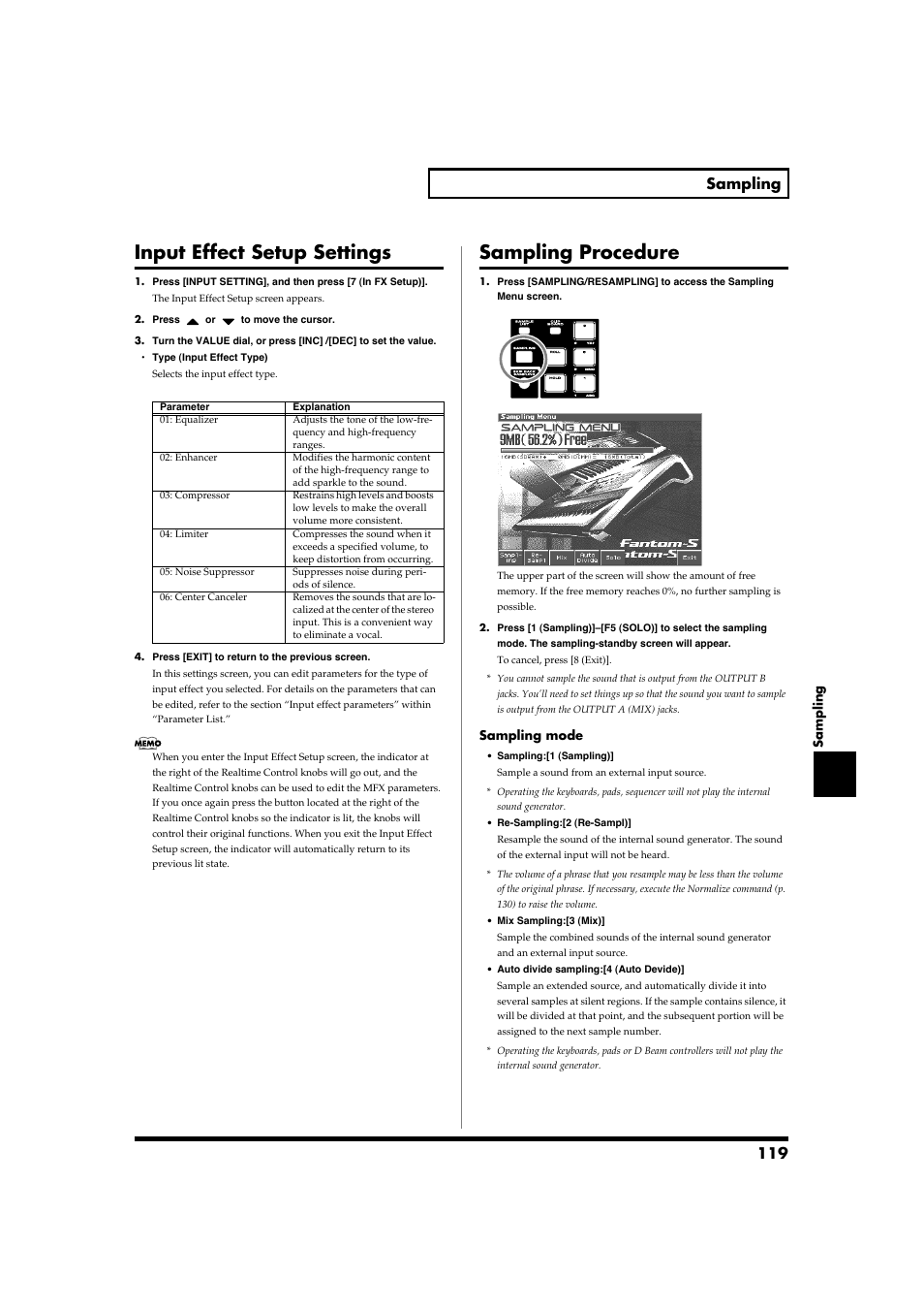 Input effect setup settings, Sampling procedure, Input effect setup settings sampling procedure | P. 119), 119 sampling | Roland Fantom-S88 User Manual | Page 119 / 228