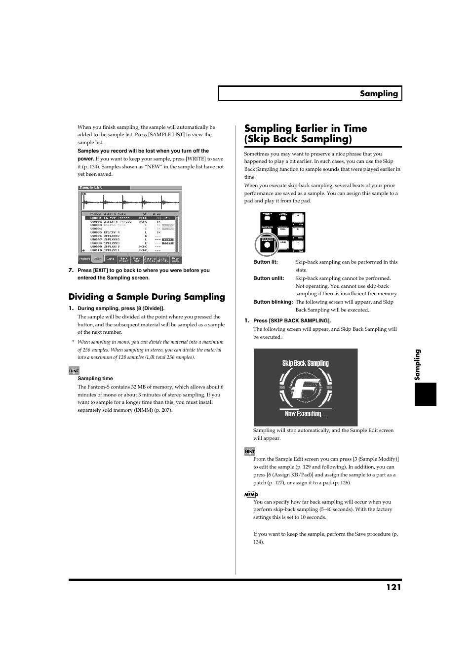 Dividing a sample during sampling, Sampling earlier in time (skip back sampling), P. 121) | 121 sampling | Roland Fantom-S88 User Manual | Page 121 / 228