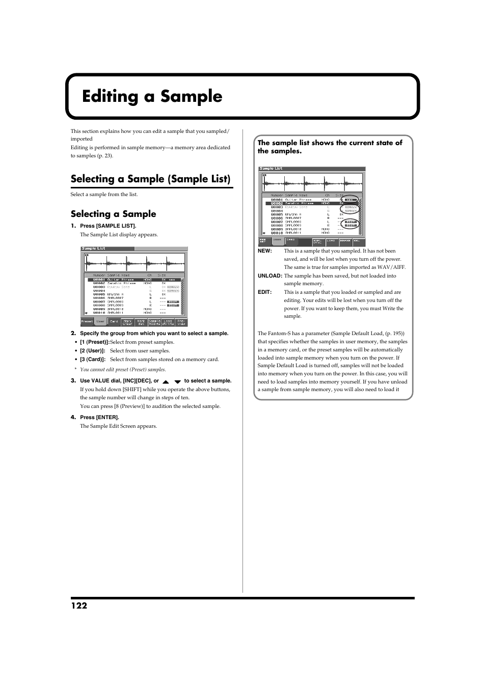 Editing a sample, Selecting a sample (sample list), Selecting a sample | P. 122) | Roland Fantom-S88 User Manual | Page 122 / 228