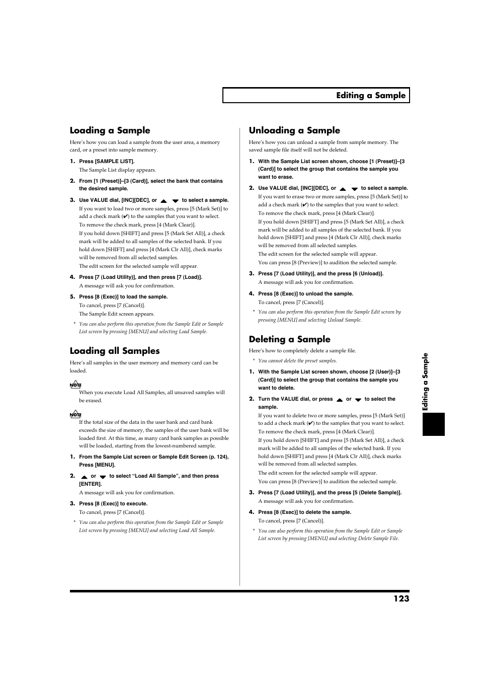 Loading a sample, Loading all samples, Unloading a sample | Deleting a sample, 123 editing a sample | Roland Fantom-S88 User Manual | Page 123 / 228