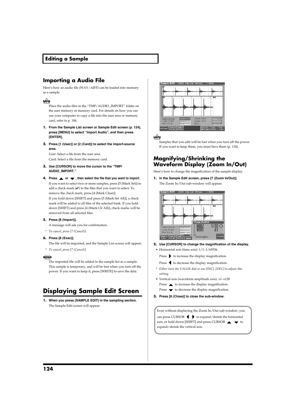 Importing a audio file, Displaying sample edit screen, P. 124) | The sample edit (p. 124) screen will appear, If you want to edit the sample, refer to p. 124, 124 editing a sample | Roland Fantom-S88 User Manual | Page 124 / 228