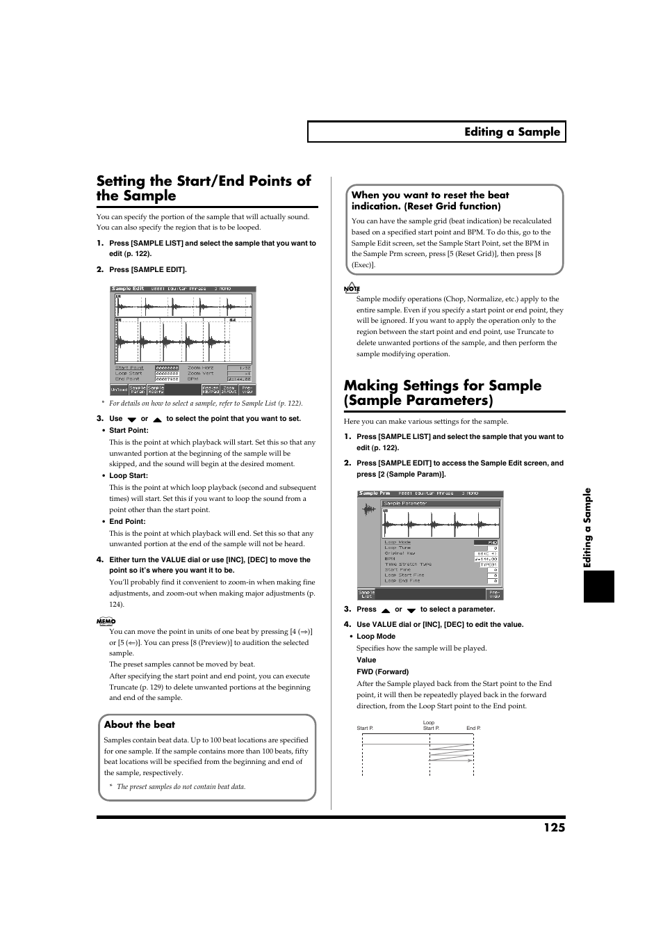 Setting the start/end points of the sample, Making settings for sample (sample parameters), 125 editing a sample | Roland Fantom-S88 User Manual | Page 125 / 228