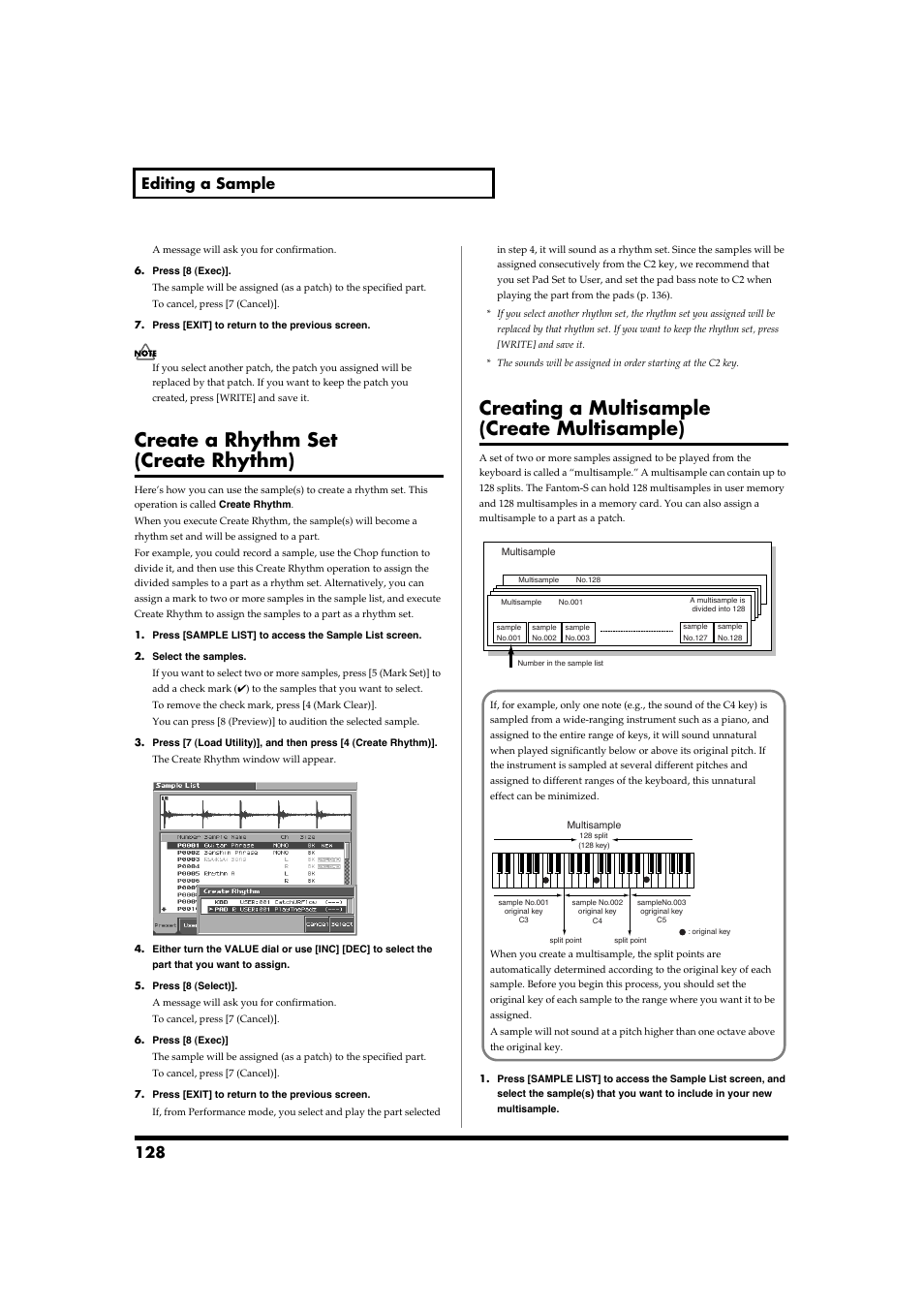 Create a rhythm set (create rhythm), Creating a multisample (create multisample), 128 editing a sample | Roland Fantom-S88 User Manual | Page 128 / 228