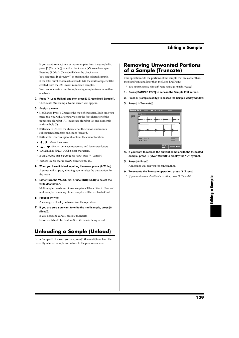 Unloading a sample (unload), Removing unwanted portions of a sample (truncate), 129 editing a sample | Roland Fantom-S88 User Manual | Page 129 / 228