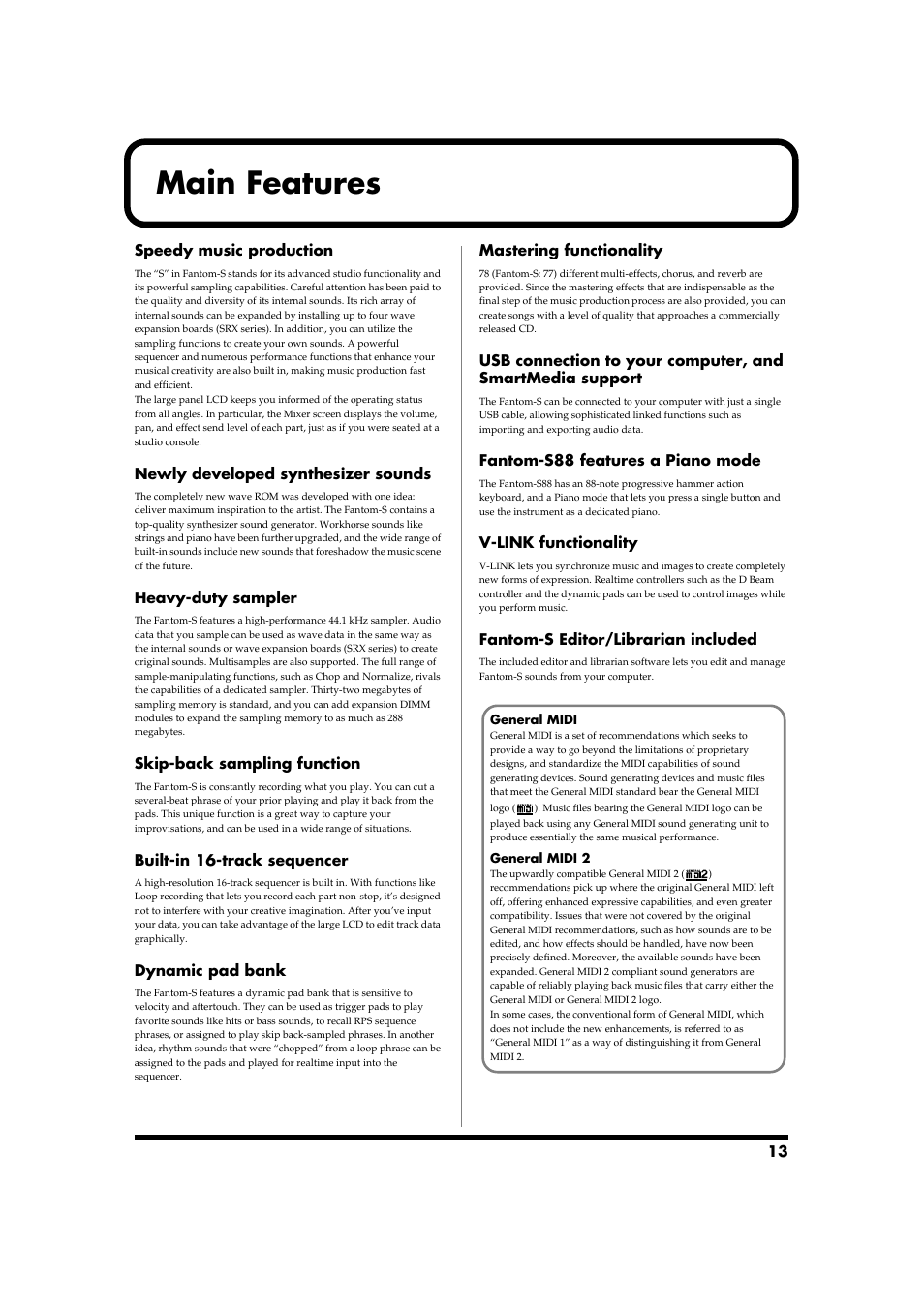 Main features | Roland Fantom-S88 User Manual | Page 13 / 228