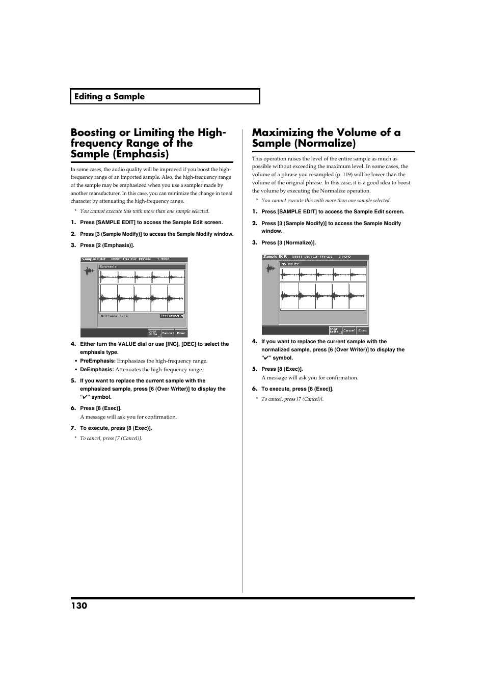 Maximizing the volume of a sample (normalize), 130 editing a sample | Roland Fantom-S88 User Manual | Page 130 / 228