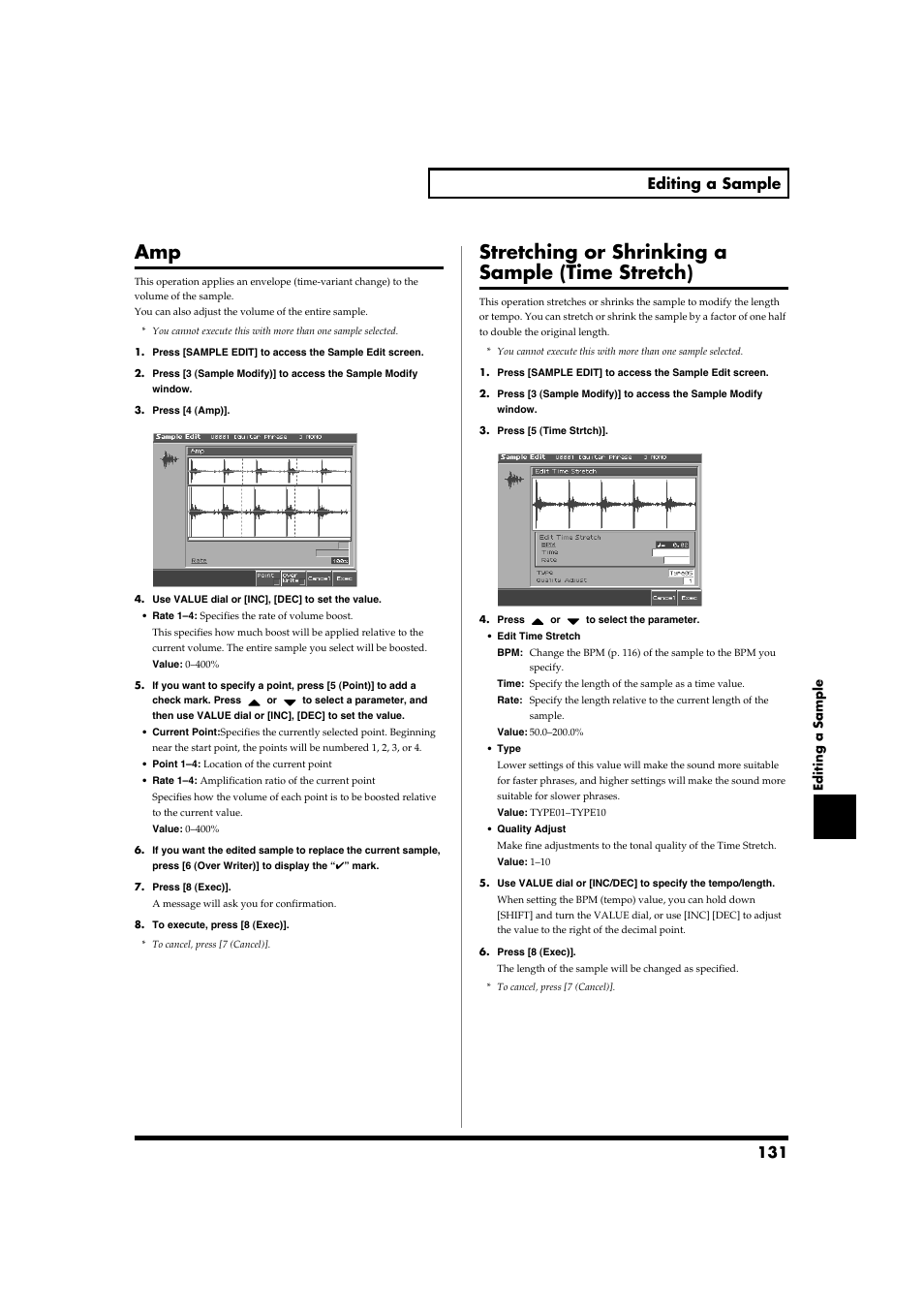 Stretching or shrinking a sample (time stretch), 131 editing a sample | Roland Fantom-S88 User Manual | Page 131 / 228