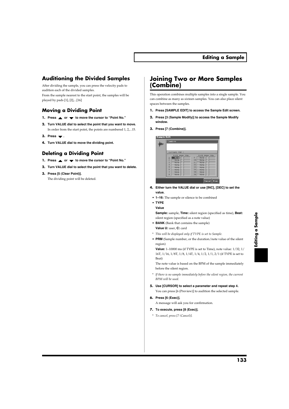 Auditioning the divided samples, Joining two or more samples (combine), Delete the point (p. 133) | Delete the point p. 133), 133 editing a sample, Moving a dividing point, Deleting a dividing point | Roland Fantom-S88 User Manual | Page 133 / 228