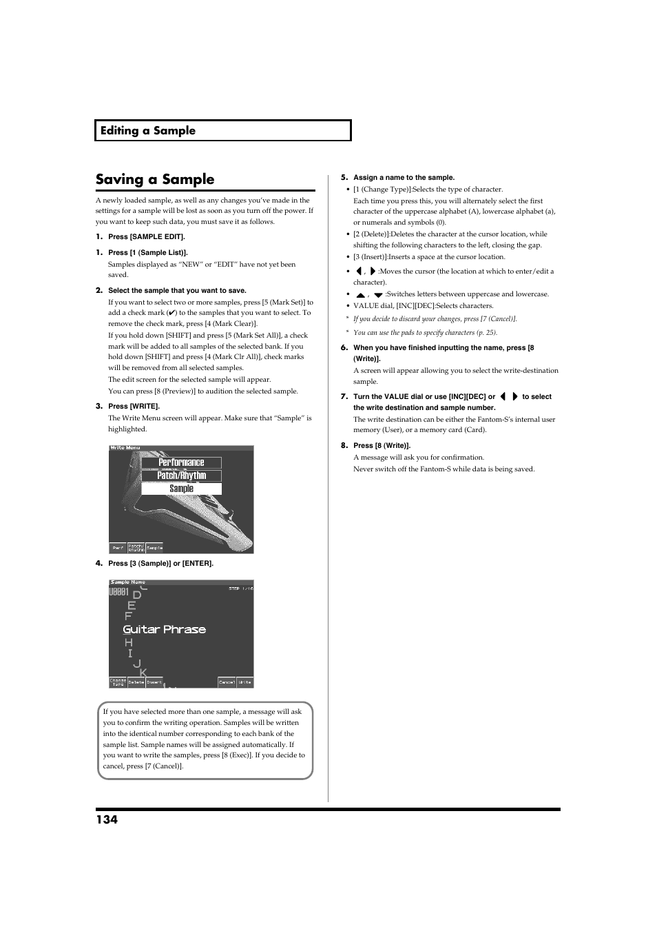 Saving a sample, 134 editing a sample | Roland Fantom-S88 User Manual | Page 134 / 228