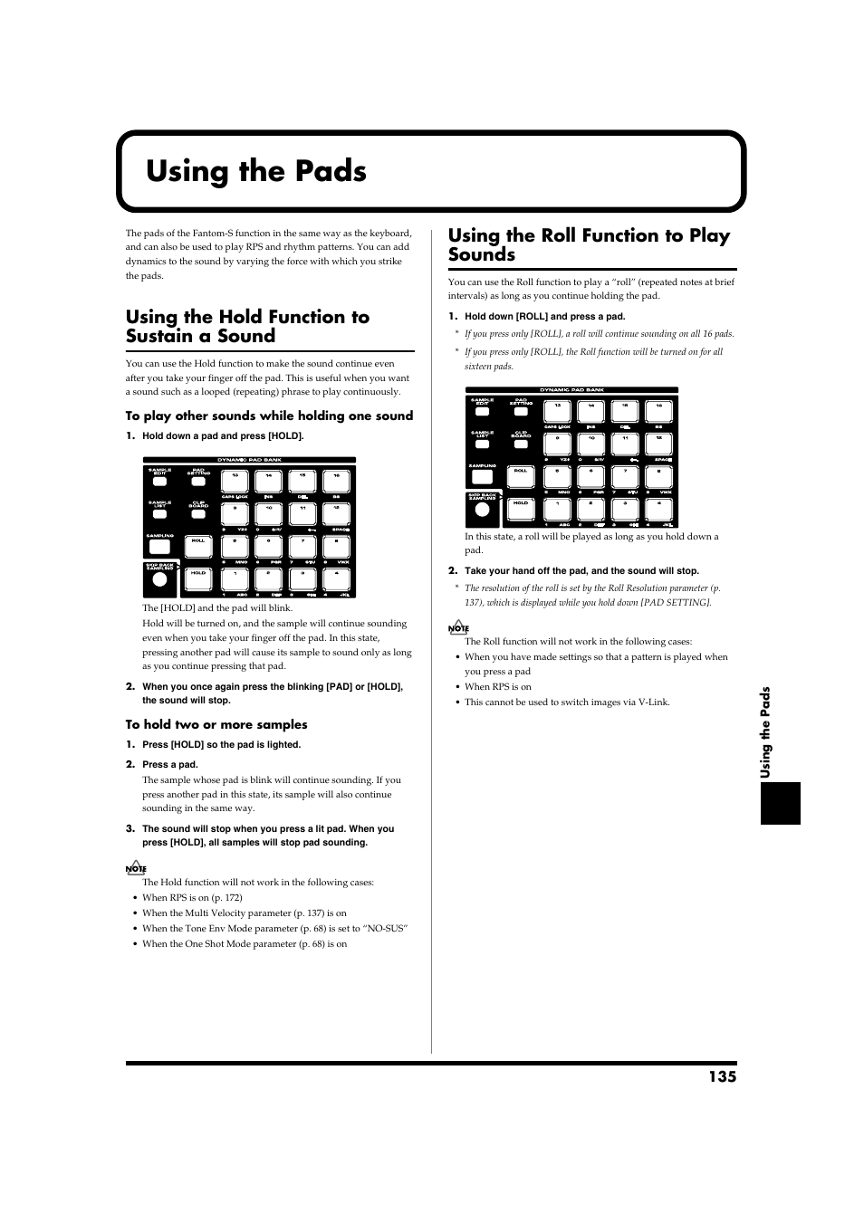 Using the pads, Using the hold function to sustain a sound, Using the roll function to play sounds | P. 135) | Roland Fantom-S88 User Manual | Page 135 / 228