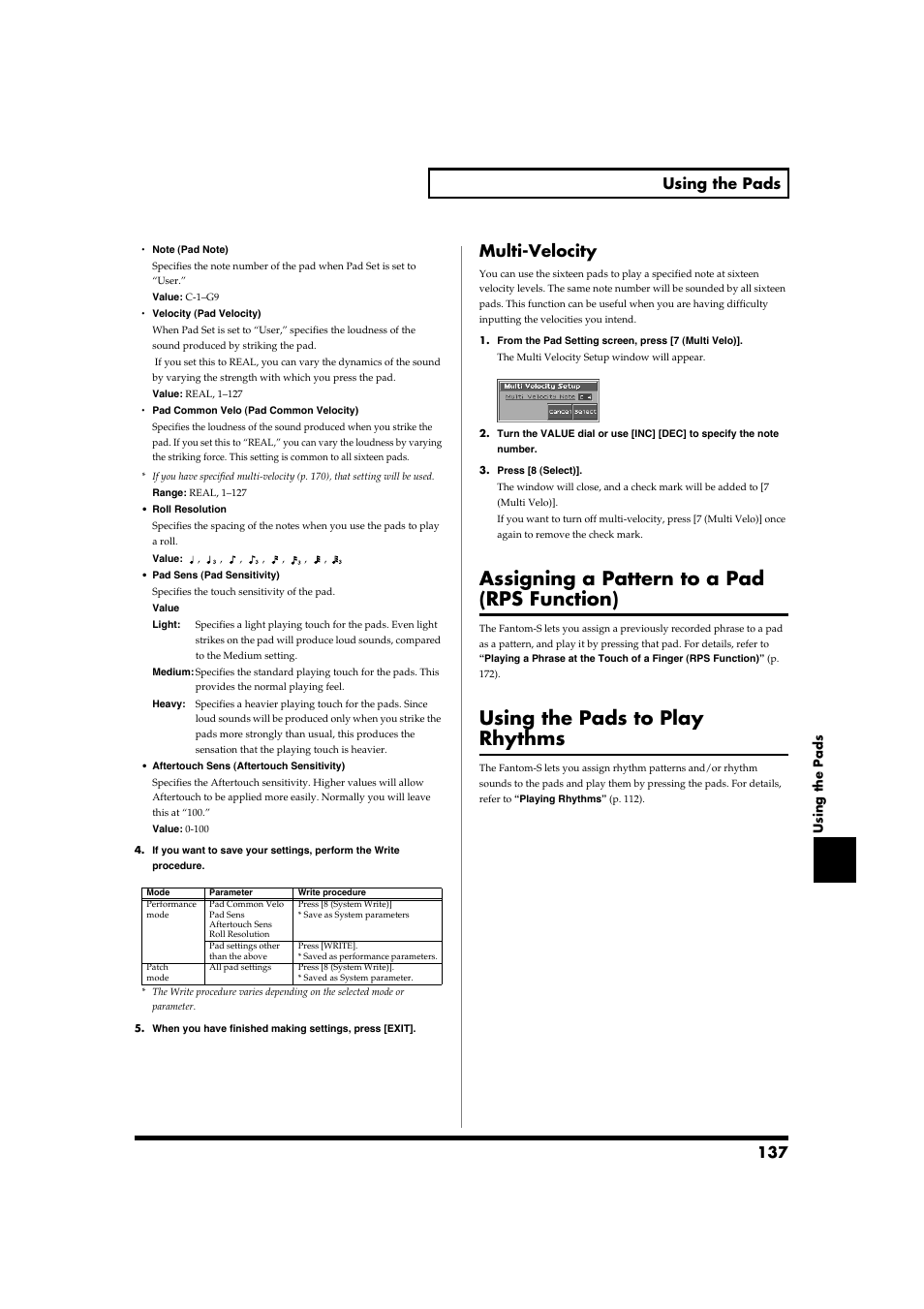 Multi-velocity, Assigning a pattern to a pad (rps function), Using the pads to play rhythms | When the multi velocity parameter (p. 137) is on, 137 using the pads | Roland Fantom-S88 User Manual | Page 137 / 228