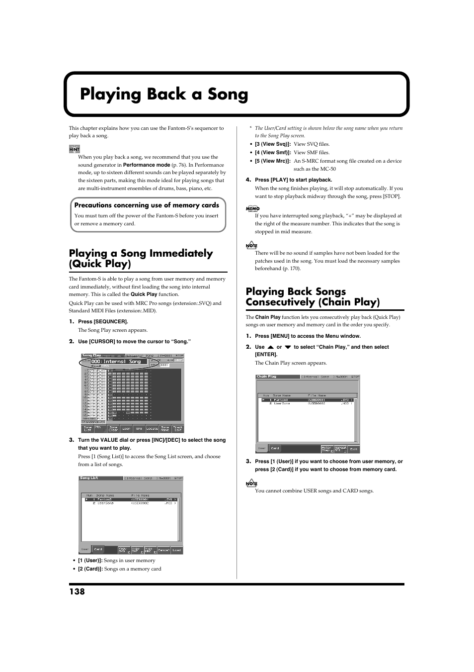 Playing back a song, Playing a song immediately (quick play), Playing back songs consecutively (chain play) | P. 138) | Roland Fantom-S88 User Manual | Page 138 / 228