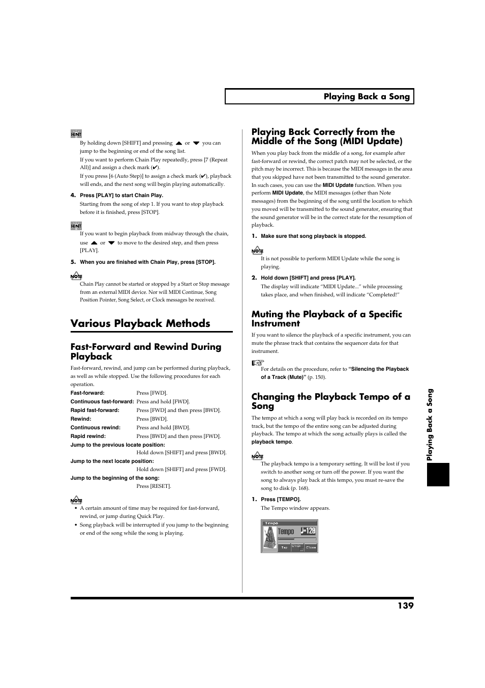 Various playback methods, Fast-forward and rewind during playback, Muting the playback of a specific instrument | Changing the playback tempo of a song, P. 139), 139 playing back a song | Roland Fantom-S88 User Manual | Page 139 / 228