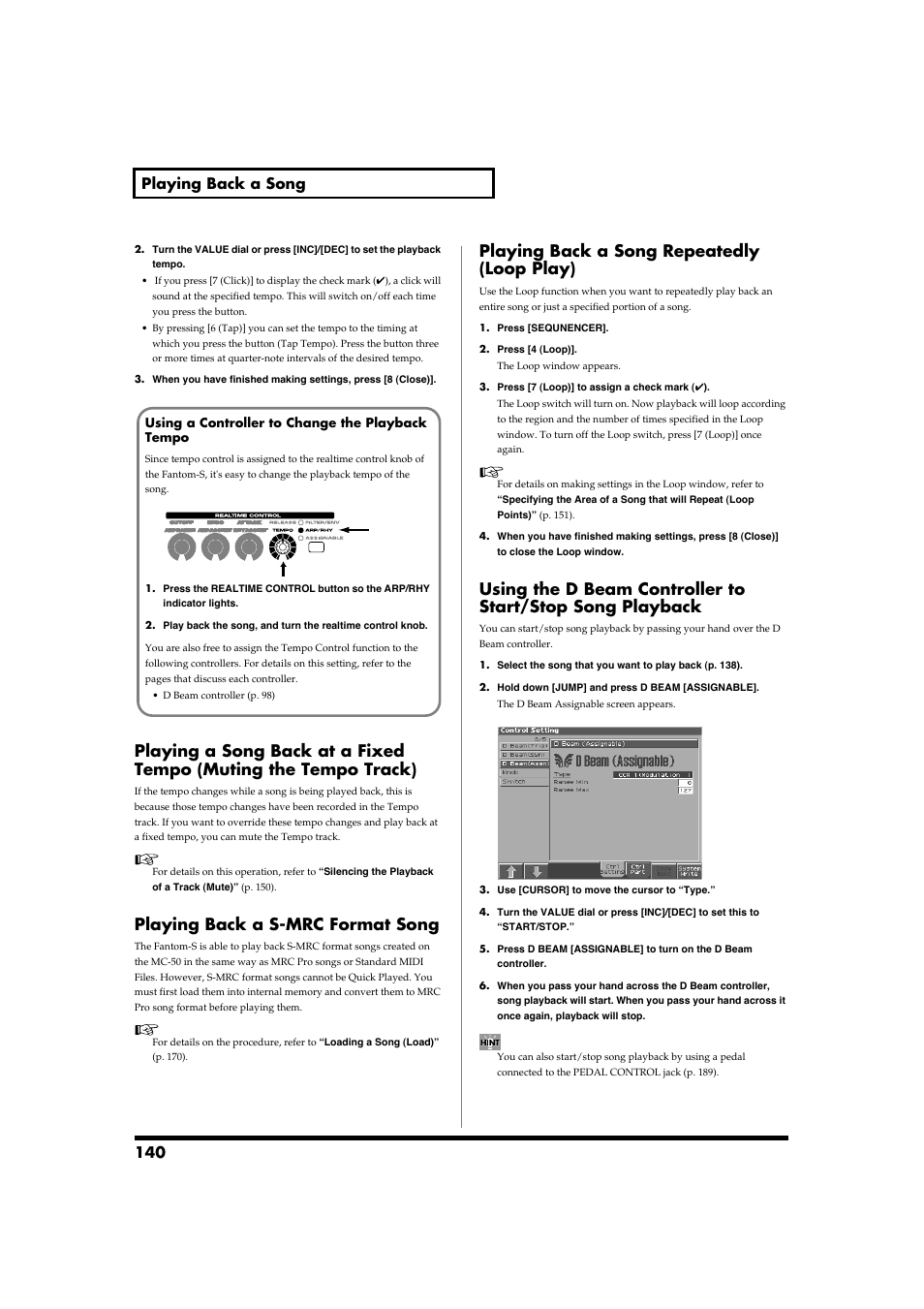 Playing back a s-mrc format song, Playing back a song repeatedly (loop play), 140 playing back a song | Roland Fantom-S88 User Manual | Page 140 / 228