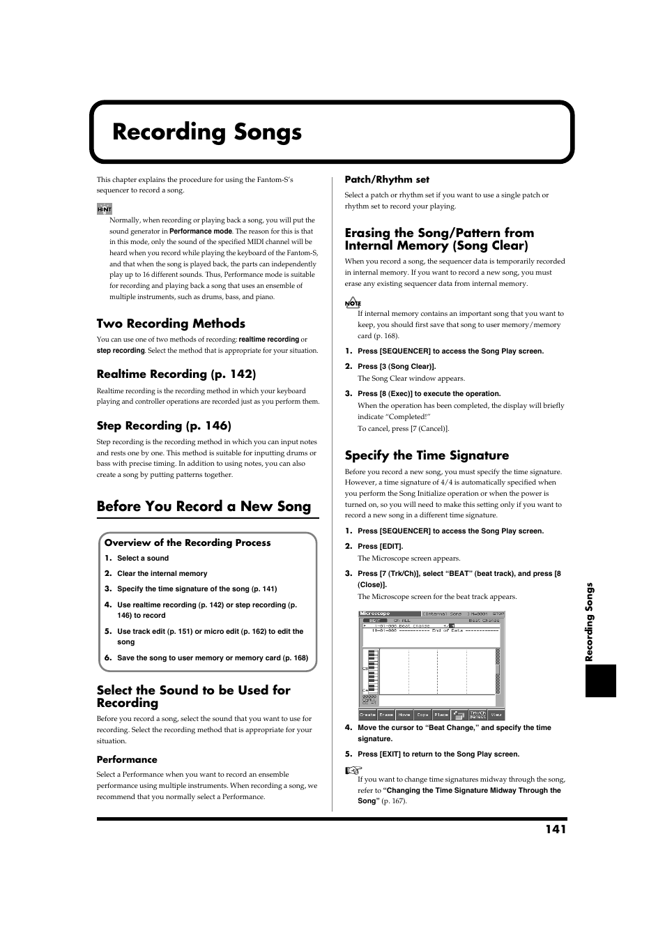 Recording songs, Two recording methods, Before you record a new song | Select the sound to be used for recording, Specify the time signature | Roland Fantom-S88 User Manual | Page 141 / 228