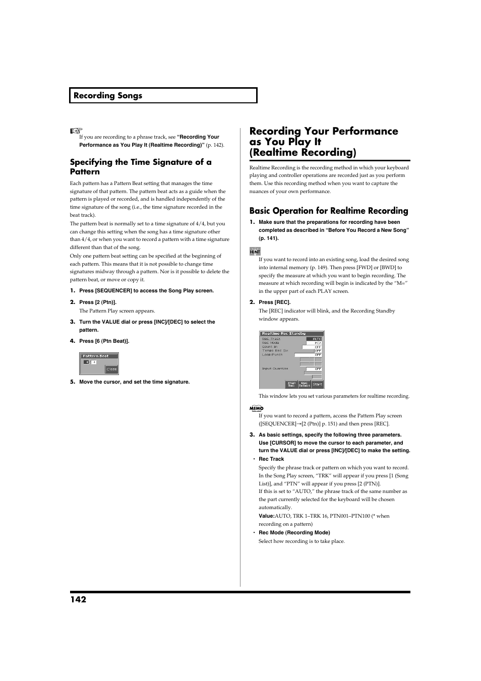 Basic operation for realtime recording, Realtime recording (p. 142), 142 recording songs | Specifying the time signature of a pattern | Roland Fantom-S88 User Manual | Page 142 / 228