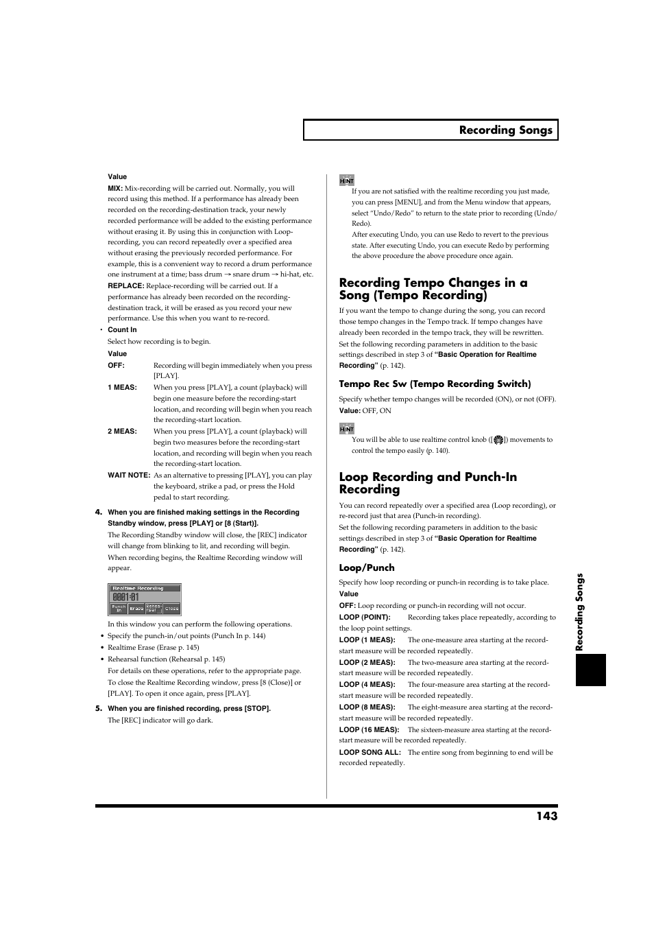 Loop recording and punch-in recording, 143 recording songs | Roland Fantom-S88 User Manual | Page 143 / 228