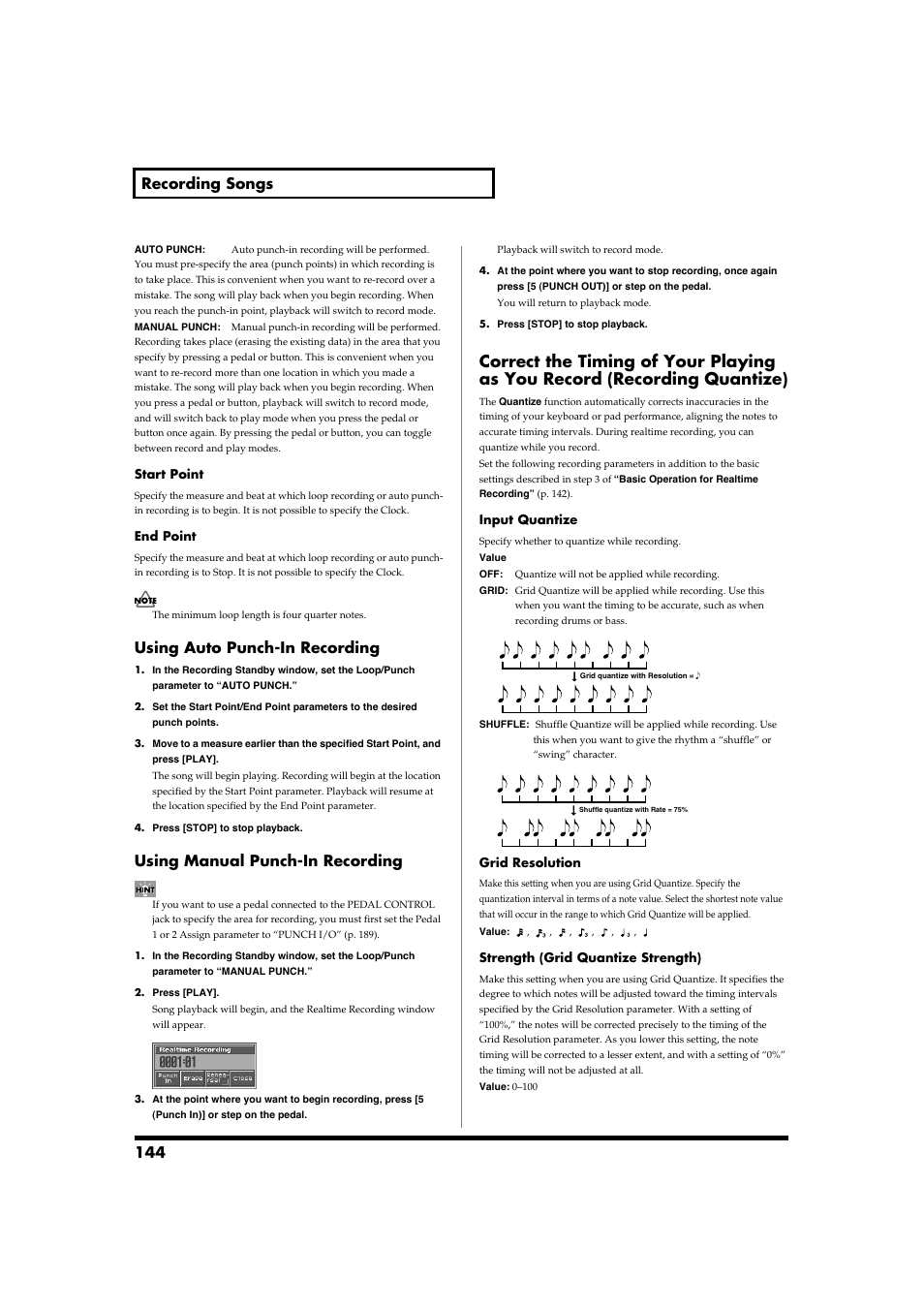 Specify the punch-in/out points (punch in p. 144), 144 recording songs, Using auto punch-in recording | Using manual punch-in recording | Roland Fantom-S88 User Manual | Page 144 / 228